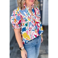 White Abstract Print Shirred Cuff Puff Sleeve Plus Size Blouse - 1X thumbnail