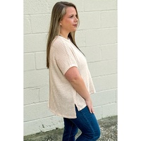 Beige Waffle Exposed Seam Detail Plus Size Short Sleeve Top - 1X thumbnail