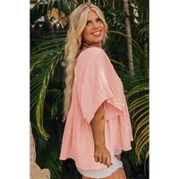 Apricot Pink Plus Size Textured Wide Short Sleeve Babydoll Blouse - 1X thumbnail