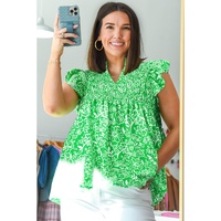 Green Floral Flutter Sleeve Shirred Notched Neck Plus Size Blouse - 4X thumbnail