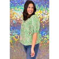 Green Plus Size Floral Tassel Tie Split Neck Puff Sleeve Blouse - 3X thumbnail