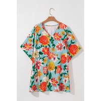 Sky Blue Plus Size Floral Print V Neck Batwing Sleeve Blouse - 4X thumbnail