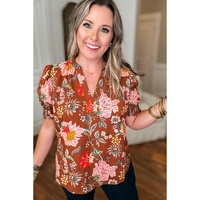 Brown Floral Stitched V Neck Frilled Trim Puff Short Sleeve Blouse - 1X thumbnail