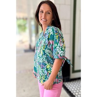 Green Abstract Print Knotted Short Sleeve Plus Size Blouse - 2X thumbnail
