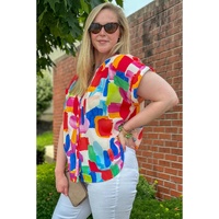 Colorful Brush Stroke Printed Plus Size Button Split Neck Blouse - 2X thumbnail