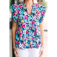Blue Floral Flutter Sleeve Tied Notched Neck Plus Size Blouse - 1X thumbnail