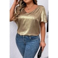 Gold Plus Size Metallic V Neck Short Sleeve Blouse - 2X thumbnail