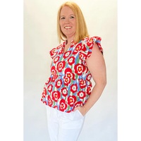 Red Plus Size Floral Print Ruffle Trim Split Neck Peplum Top - 1X thumbnail