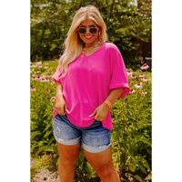 Bright Pink Seamed Back High Low Hem V Neck Cuffed Sleeve Plus Size Tee - 1X thumbnail