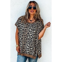 Khaki Leopard Contrast Trim Short Sleeve Loose Plus Size Top - 1X thumbnail
