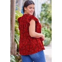 Fiery Red Rose Floral Print Ruffle Sleeve Plus Size Shift Top - 2X thumbnail