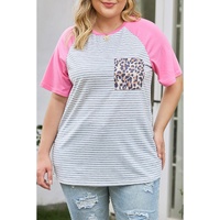 Stripe Leopard Patch Pocket Plus Size Raglan Sleeve Tee - 2X thumbnail