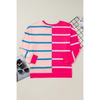 Rose Stripe Color Block Crewneck Long Sleeve Plus Size T Shirt - 2X thumbnail