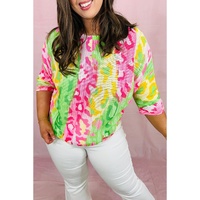 Multicolour Leopard Color Block Knitted Crewneck Plus Size T Shirt - 1X thumbnail