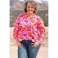 Pink Plus Size Abstract Floral Print V Neck Blouse - 2X thumbnail