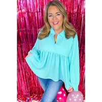Turquoise Cordrd Balloon Sleeve Collar Plus Babydoll Top - 1X thumbnail