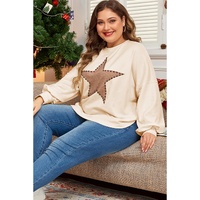 Beige Star Shape Studded Crew Neck Plus Size T Shirt - 4X thumbnail