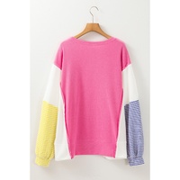 Rose Red Colorblock Patchwork Striped Puff Sleeve Plus Size Top with Slits - 2X thumbnail