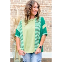 Green Stripe Patchwork Colorblock Plus Size T Shirt - 1X thumbnail