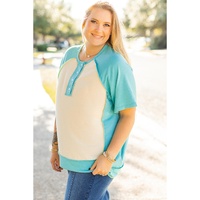 Mint Green Color Block Raglan Sleeve Buttoned Plus Size T Shirt - 2X thumbnail