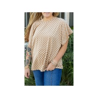 Khaki Checkerboard Short Batwing Sleeve Round Neck Plus Size T Shirt - 1X thumbnail