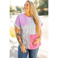 Rose Red Leopard Colorblock Patchwork Corded Knit Plus Size T Shirt - 2X thumbnail