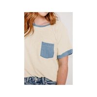 Beige Raw Seam Contrast Color Patchwork Plus Size Top - 1X thumbnail