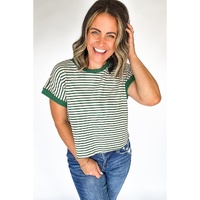 Green Stripe Trimmed Round Neck Plus Size Boxy Fit T-shirt - 1X thumbnail