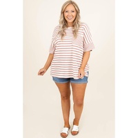 Pink Stripe Waffle Knit Pocketed Half Sleeve Plus Size T Shirt - 1X thumbnail