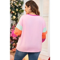 Pink Colorblock Patchwork Long Sleeve Plus Size Top - 1X thumbnail