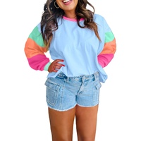 Dark Blue Colorblock Patchwork Long Sleeve Plus Size Top - 1X thumbnail