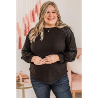 Black Plus Size Sequin Patchwork Crew Neck Long Sleeve Top - 3X thumbnail