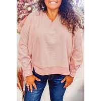 Pink Raw Cut Notched Neck Plus Size French Terry Hoodie - 1X thumbnail