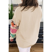 Beige Plus Size Printed Patchwork Sleeve Split Sweatshirt - 3X thumbnail