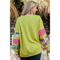 Green Plus Size Printed Patchwork Sleeve Split Sweatshirt - 1X thumbnail