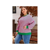 Pink Stripe Waffle Knit Crew Neck Plus Size Sweatshirt - 3X thumbnail