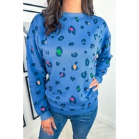 Sky Blue Leopard Ribbed Edge Drop Shoulder Pullover Sweatshirt - 4X thumbnail
