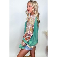 Sky Blue Plus Size Plaid Floral Patchwork Raglan Sleeve Sweatshirt - 4X thumbnail