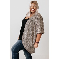 Khaki Plus Size Leopard Print Half Sleeve Open Front Cardigan - 1X thumbnail