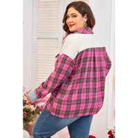 Red Plaid Print Waffle Knit Patchwork Plus Size Shirt - 2X thumbnail