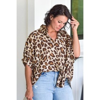 Khaki Plus Size Leopard Print Short Sleeve Buttoned Shirt - 3X thumbnail