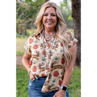 Khaki Plus Size Western Pattern Print Buttoned Short Sleeve Shirt - 2X thumbnail