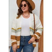 Beige Plus Size Striped Print Open Front Cardigan - 1X thumbnail