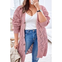 Pink Open Knit Button-Up Plus Size Cardigan - 3X thumbnail