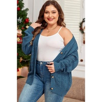 Real Teal Open Knit V Neck Button Front Drop Shoulder Plus Size Cardigan - 1X thumbnail