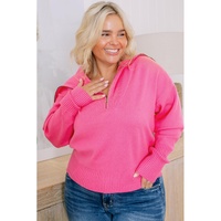 Rose Solid Ribbed Trim Plus Size Zip Collar Sweater - 3X thumbnail