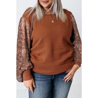 Brown Plus Size Printed Splicing Sleeve Ribbed Trim Sweater - 2X thumbnail