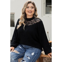 Black Plus Size Ribbed Knit Lace Splicing High Neck Sweater - 2X thumbnail