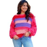 Pink Plus Size Striped Knit Pompom Puff Sleeve Sweater - 2X thumbnail