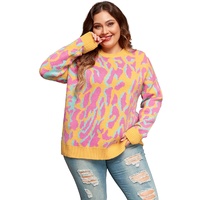Bright Pink Plus Size Leopard Ribbed Trim Sweater - 2X thumbnail